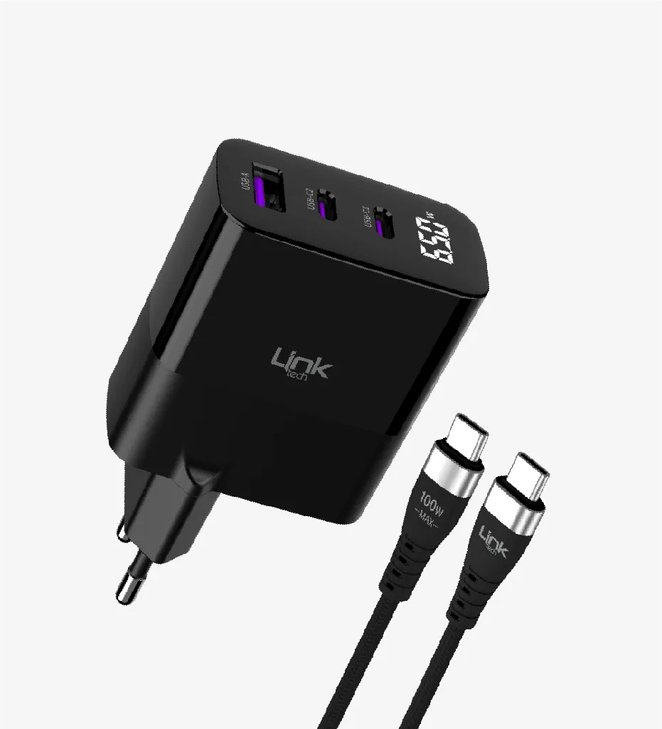 Linktech G853 Premium Tip-C Kablolu 3'lü Çıkış 65W Süper GaN Şarj Adaptörü